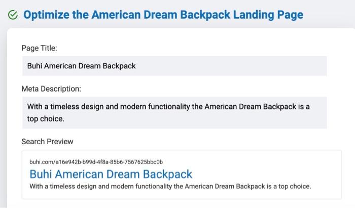 Optimize the american dream backpack landing page